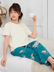 SHEIN Áo thun trễ vai trơn có họa tiết lá & hoa dành cho thiếu nữ tuổi teen Bộ đồ ngủ quần dài in họa tiết - Nhiều màu - Xem 4