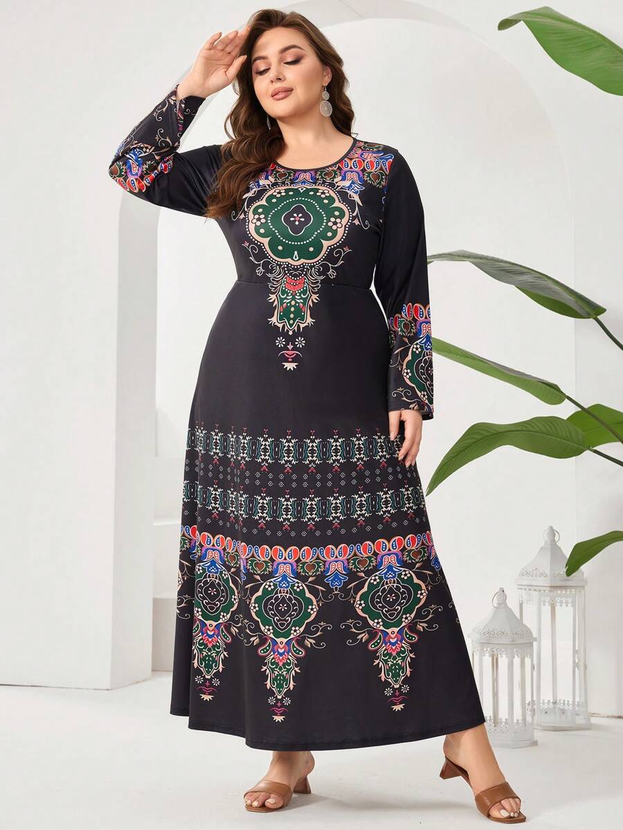 Al Najma Plus Size Women's Floral Printing Round Neck Long Sleeve Arabian Clothing - Black - View 1