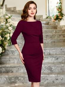 MIUSOL Elegant Women's Ruched Zip Back Split Hem Bodycon Dress, Slim Fit Business Casual Outfit, Perfect For Office, Wedding Guest, Homecoming, Church And Birthday Party - 酒紅色 - 查看 5