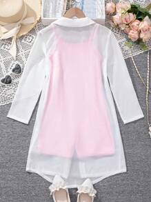 SHEIN Tween Girl Letter Printed Cami Romper And Open Front Coat - Multicolor - View 2