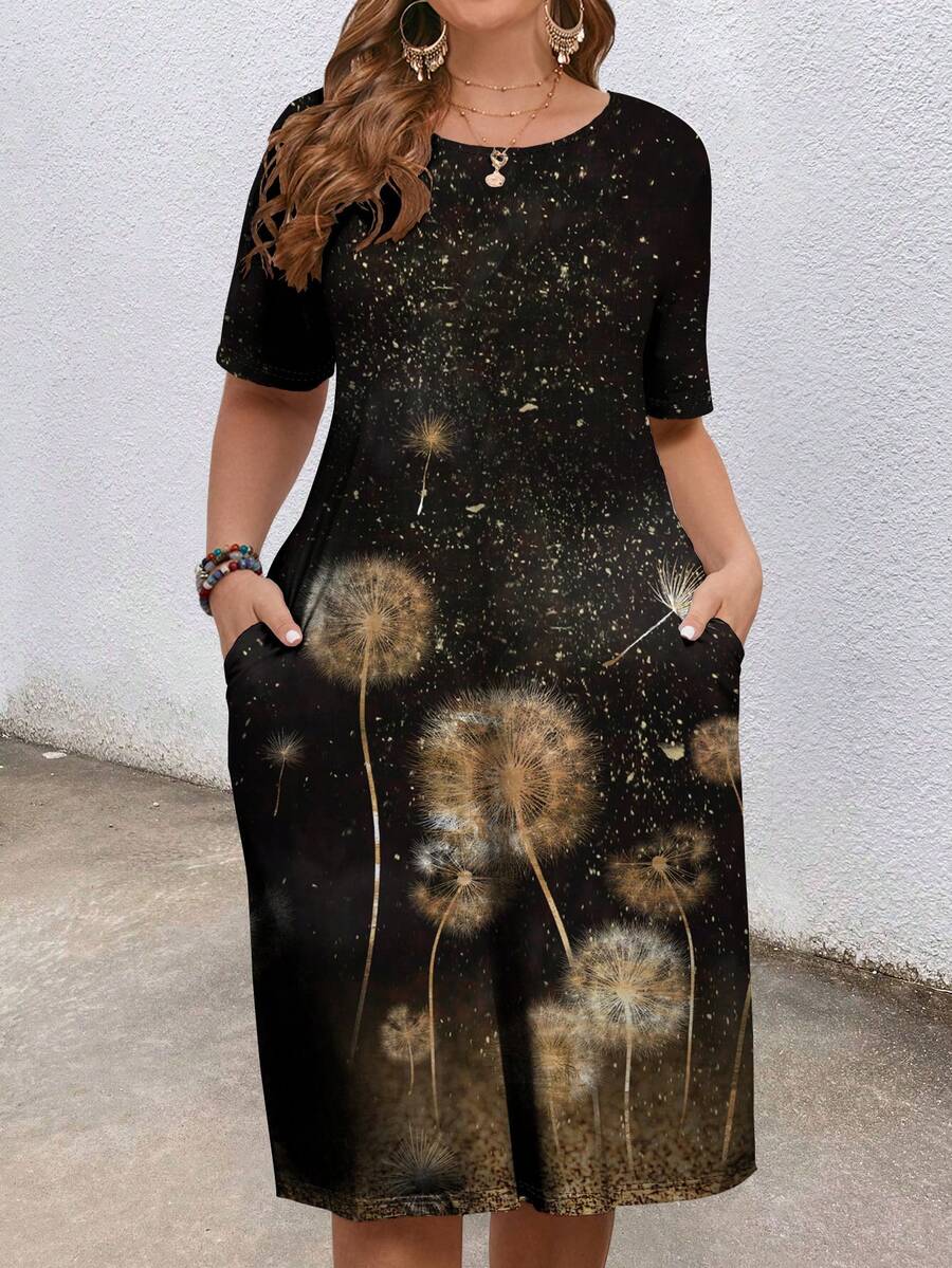 EMERY ROSE Women's Plus Size Dandelion Flower Printed Jumpsuit Dress For Summer - Black - View 1