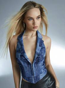 Forever 21 Denim Effect Halter Neck Sleeveless Top - Blue - View 5
