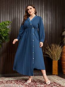Modelyn Plus Size Women's Stylish Pleated Long Dress Long Evening Dresses - Blue - View 3