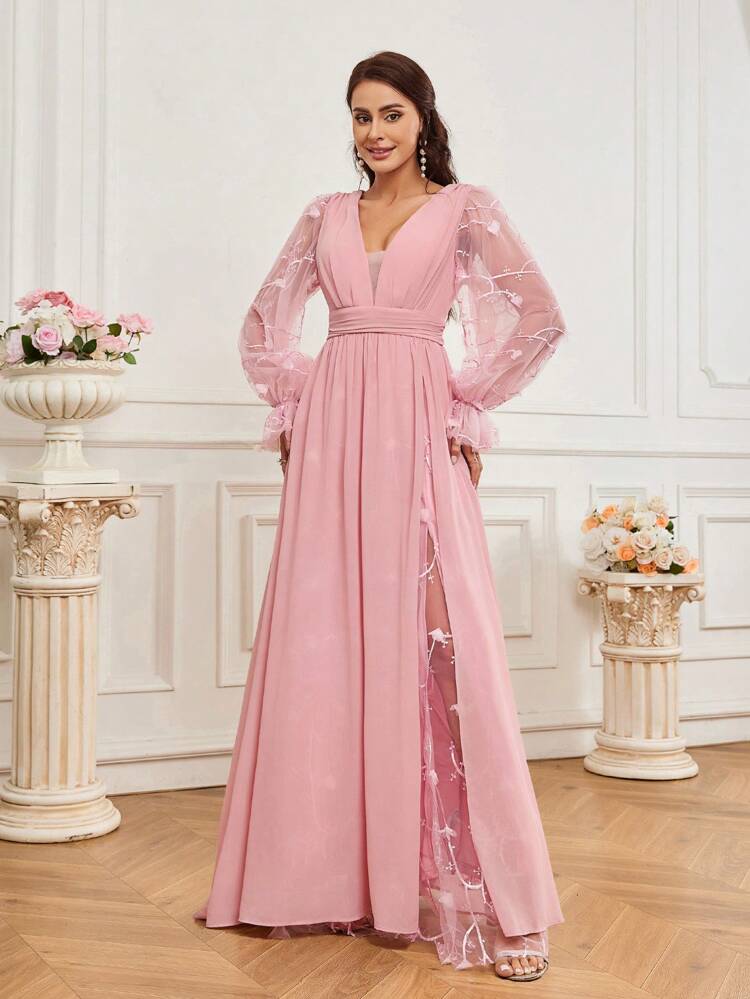 Patchwork Sheer Mesh High Waist Slit Bridal Evening Party Dress