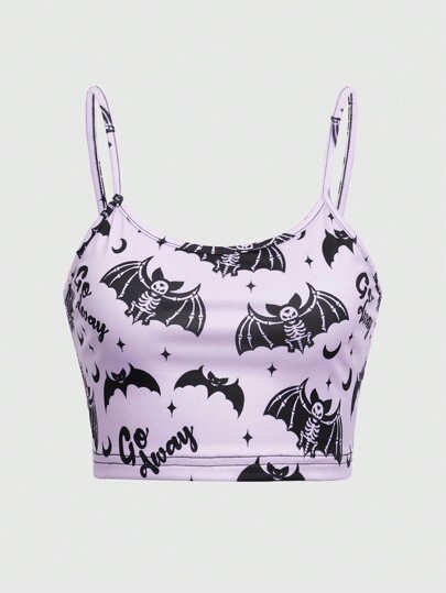 Kawaii Top con bretelle sottile pipistrelli con stampa scheletri