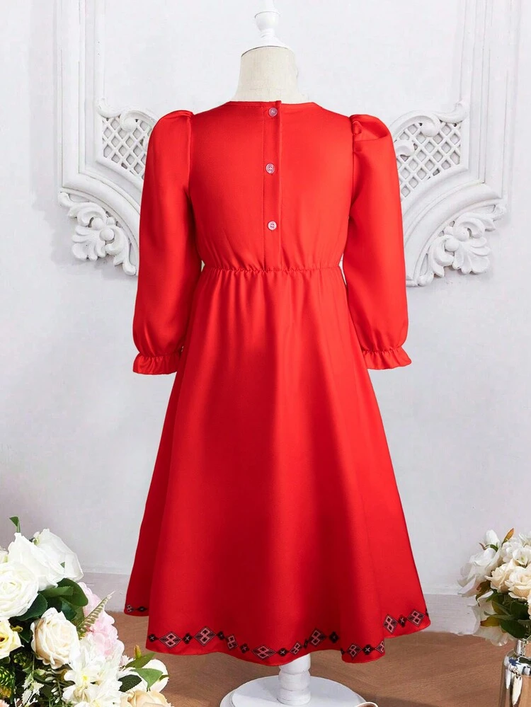 Young Girl Geometric Printed Bubble-Sleeved Dress With Round Neckline