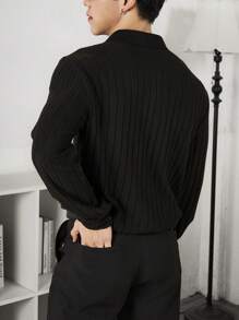 Manfinity Homme 男士純色麻花紋針織長袖套頭衫 - 黑色 - 查看 2