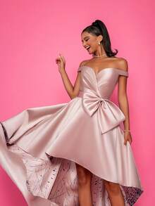 High Low Elegant Bowknot Shoulder Off Formal Evening Dress Prom Wedding Guest Gown, For Graduation, Dinner - Dusty Pink - View 5