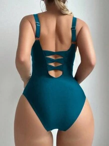 SHEIN Swim Traje De Baño De Una Pieza Fruncido De Un Solo Color, Perfecto Para El Verano, La Playa Y Nadar - Agua verde azul - Ver 2