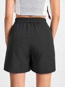 SHEIN Sports 女式不对称下摆运动短裤，带斜口袋 - 黑色 - 查看 2