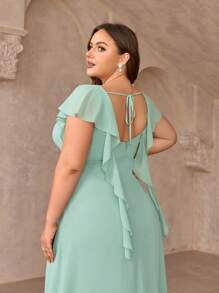 SHEIN Belle 優雅無背葉片袖伴娘禮服,流蘇吊帶,a字裙和閃亮細節,大碼 - 薄荷綠 - 查看 1