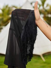 SHEIN EZwear Plus Size Loose Woven Fringed Kimono Summer - Black - View 7
