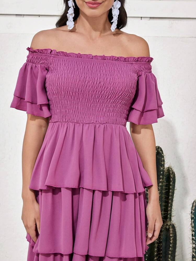 Women's Off-Shoulder Multi-Layer Ruffle Hem Dress