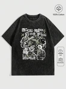 ROMWE Grunge Punk Không giới tính Retro Đau khổ Cô gái Goth hiện đại Chân dung & In Khẩu hiệu Liên hoan âm nhạc Bông tuyết Splash Áo thun Với Denim mùa giặt , Lỏng lẻo phù hợp - màu đen - Xem 1