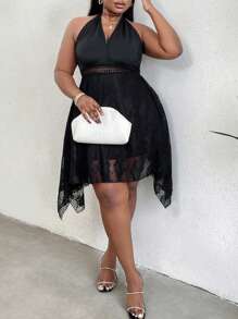 Maweii Plus Size Solid Color Splice Lace V-Neck Halter Neck Dress - Black - View 4