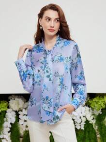 MOTF PREMIUM SILK FLORAL PRINT TIE NECK BLOUSE - Multicolor - View 9