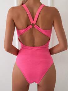 SHEIN Swim 女士简约粉色连体泳衣 - 玫紅色 - 查看 2