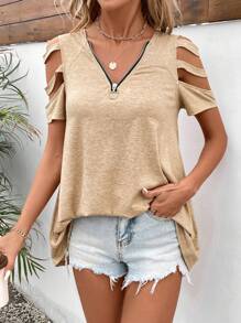 SHEIN LUNE Women T-Shirts Memotong Zip Plain Casual - Khaki - View 1
