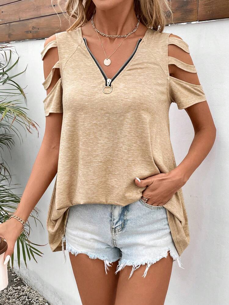 Women's V-Neck Hollow Out Short Sleeve T-Shirt