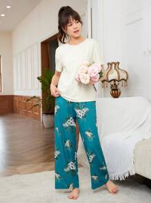 SHEIN Áo thun trễ vai trơn có họa tiết lá & hoa dành cho thiếu nữ tuổi teen Bộ đồ ngủ quần dài in họa tiết - Nhiều màu - Xem 3