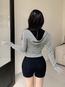 DAZY Striped Zipper Front Drawstring Hooded Long Sleeve T-Shirt,Fall Women Clothes - Black and White - View 5