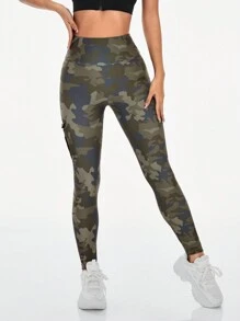 Easithlete Quần legging thể thao in họa tiết rằn ri co giãn cao có túi dành cho nữ tập yoga - xanh quân đội - Xem 3