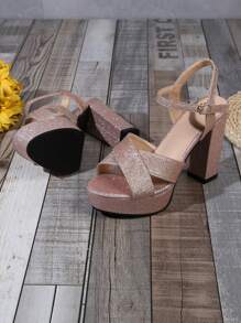 女士時尚舒適金色圓頭帶扣鞋,交叉後背帶扣,高平台,厚高跟 - 金色 - 查看 5