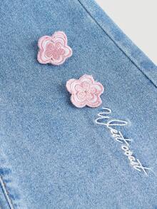 SHEIN Young Girls' High Elasticity Embroidery Flared Jeans, And Cute - Light Wash - View 4