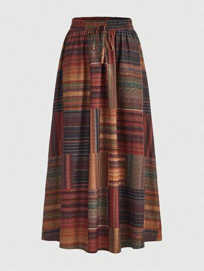 Hippie تنورة طباعة مختلط خصر معقود