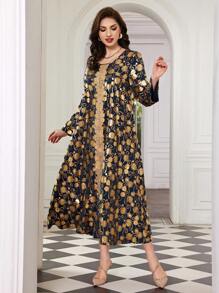 Al Najma Vestido De Empalme De Encaje Con Estampado Dorado - azul real - Ver 3