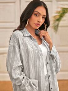 Seusyu 女士长款条纹衬衫和裤子两件套 2 件套