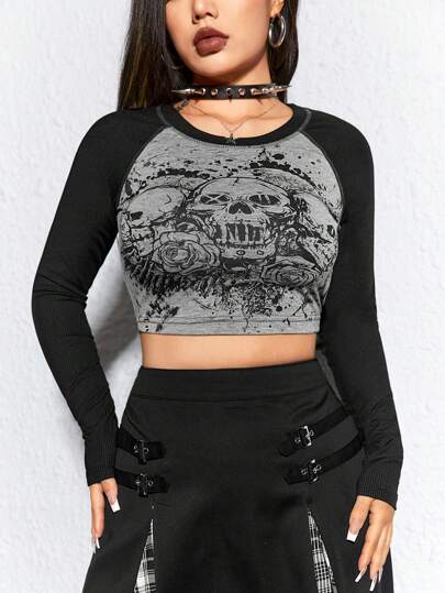 Grunge Punk Camiseta de cráneo & con estampado floral de manga raglán