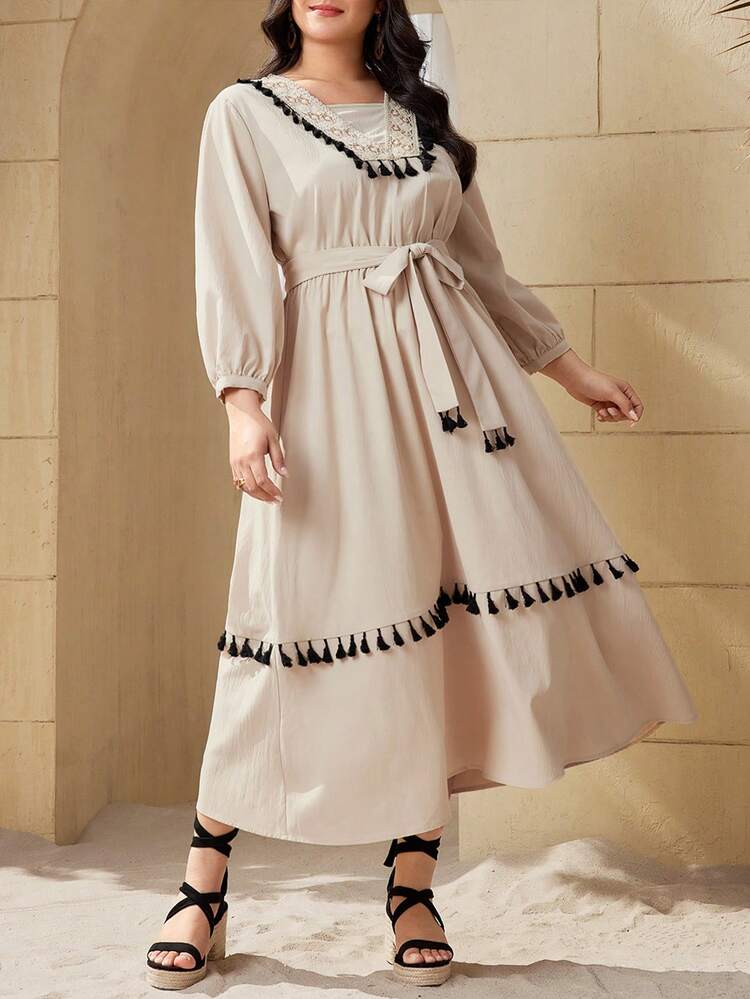 Plus Size Women's Patchwork Tassel Long Sleeve Dress