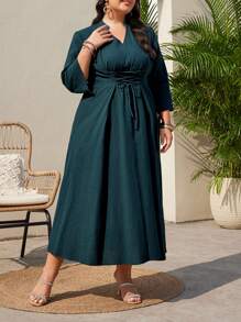 Mulvari Plus Size Notched Collar Tie Waist Dress With Front Slit