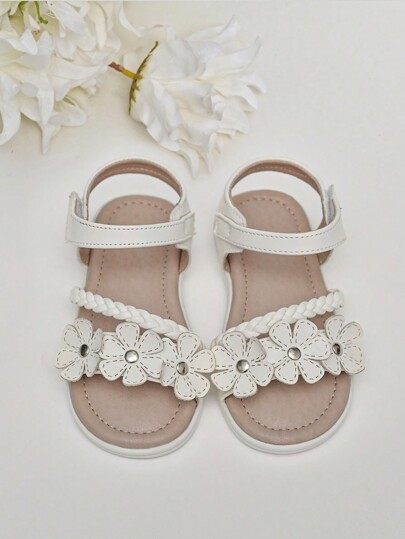 Girls' Comfortable And Versatile Flat Sandals With Woven Straps And Flower Details, For Middle And Big Children