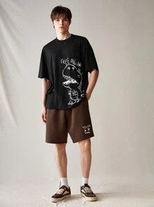 Manfinity RebelGame Conjunto De Camiseta Y Pantalones Cortos De Punto De Ocio Con Estampado De Dinosaurio Para Hombre