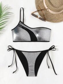 SHEIN Swim Mesh Contrast One Shoulder Bikini Set With Separated Bikini Set Summer Beach - Black - View 4