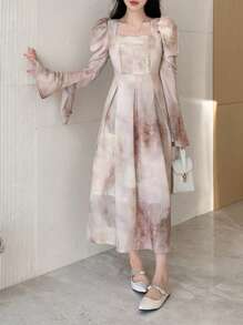 DAZY 墨迹晕染图案收腰羊腿袖中长连衣裙、荷叶边、秋季连衣裙长袖连衣裙 - 淺粉色 - 查看 4