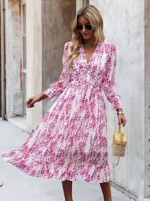 Breezaya Ditsy Floral Frill Trim Flounce Sleeve Ruffle Hem Dress Maxi Vacation Beach Outfits Women Fall Cloth For Women - Multicolor - View 6