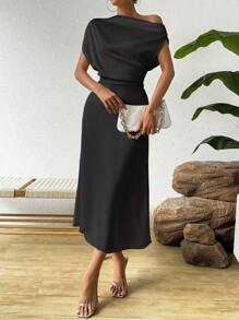Chiquease 純色不對稱領口束腰連衣裙 - 黑色 - 查看 6