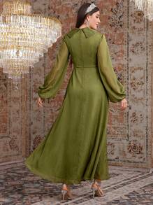 Modelyn Solid Color Round Neck Lantern Sleeve Cinching Waist Dress - Green - View 2