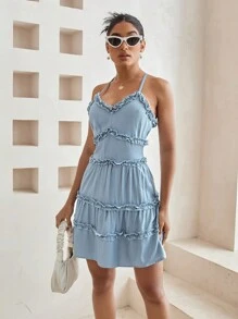 GENKIRA Solid Color Cross Back Halter Neck Frill Hem Midi Dress - Dusty Blue - View 1