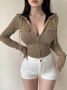 DAZY 女士拼色条纹抽绳连帽短款T恤夏季、秋季长袖女上衣 - 棕色 - 查看 2
