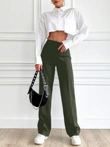 RueChic Của phụ nữ Màu thuần Giải trí Giò thẳng Quần - Màu xanh lá cây đậm - Xem 5