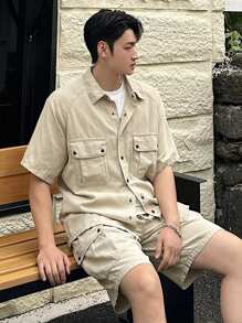 DAZY Men's Solid Color Work Shirt And Shorts Set - Apricot - View 6