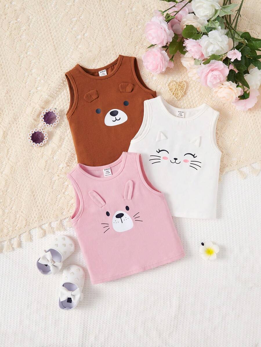 SHEIN 3pcs/Set Cute Cartoon Pattern Sleeveless Top For Baby Girls, Versatile Outfit - Multicolor - View 1