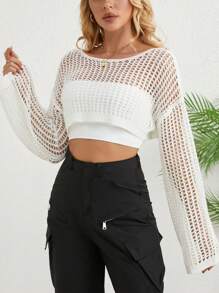 Top court ajouré à manches dolman en tricot, décontracté, pour vacances et plage, pour femmes, pour le printemps/l'été