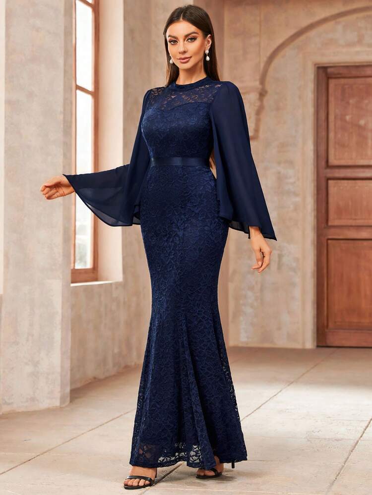 bell sleeve boat neck plain ruched satin maxi mermaid dress Rafferiza Satin Maxi Mermaid Hem Plunging Neck Tie Back Bell Sleeve Elegant  Romantic Autumn Dress For Women Fall Cloth For Women