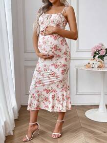 SHEIN 孕妇印花系带修身优雅吊带裙，适合度假 - 彩色 - 查看 5