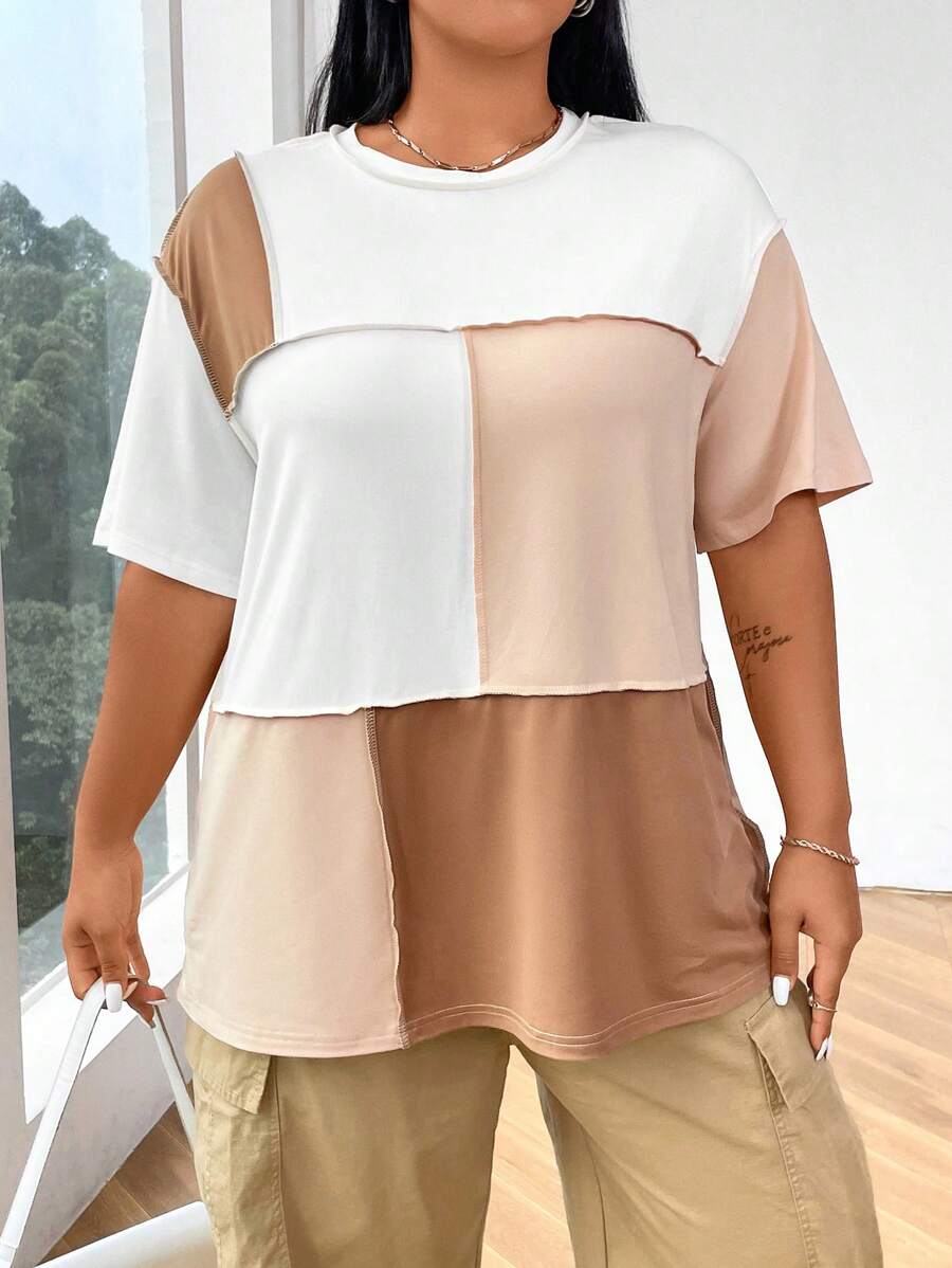 Flirla Plus Size Loose Fit Drop Shoulder Colorblock Summer T-Shirt - Multicolor - View 1